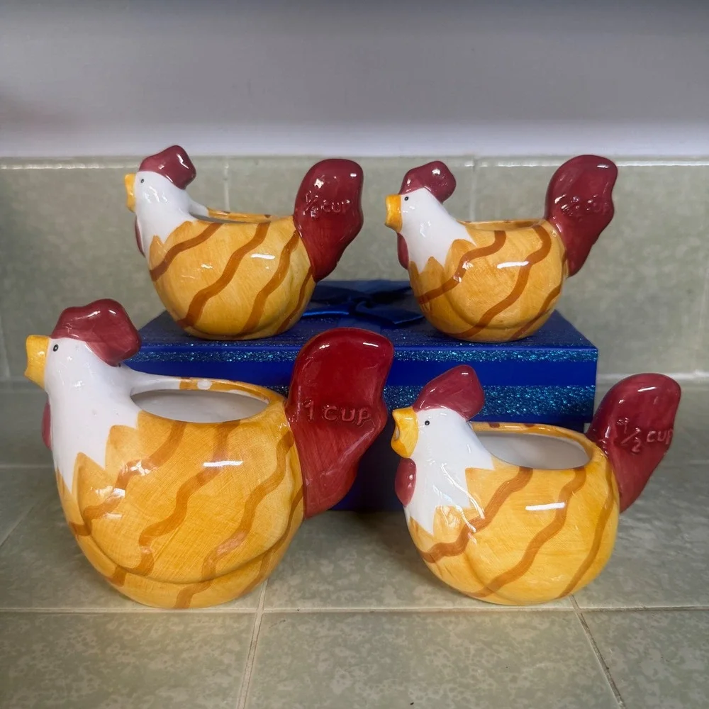 Ceramic Rooster Measuring Cups Set of 4 Farmhouse Kitchen Decor Yellow Red